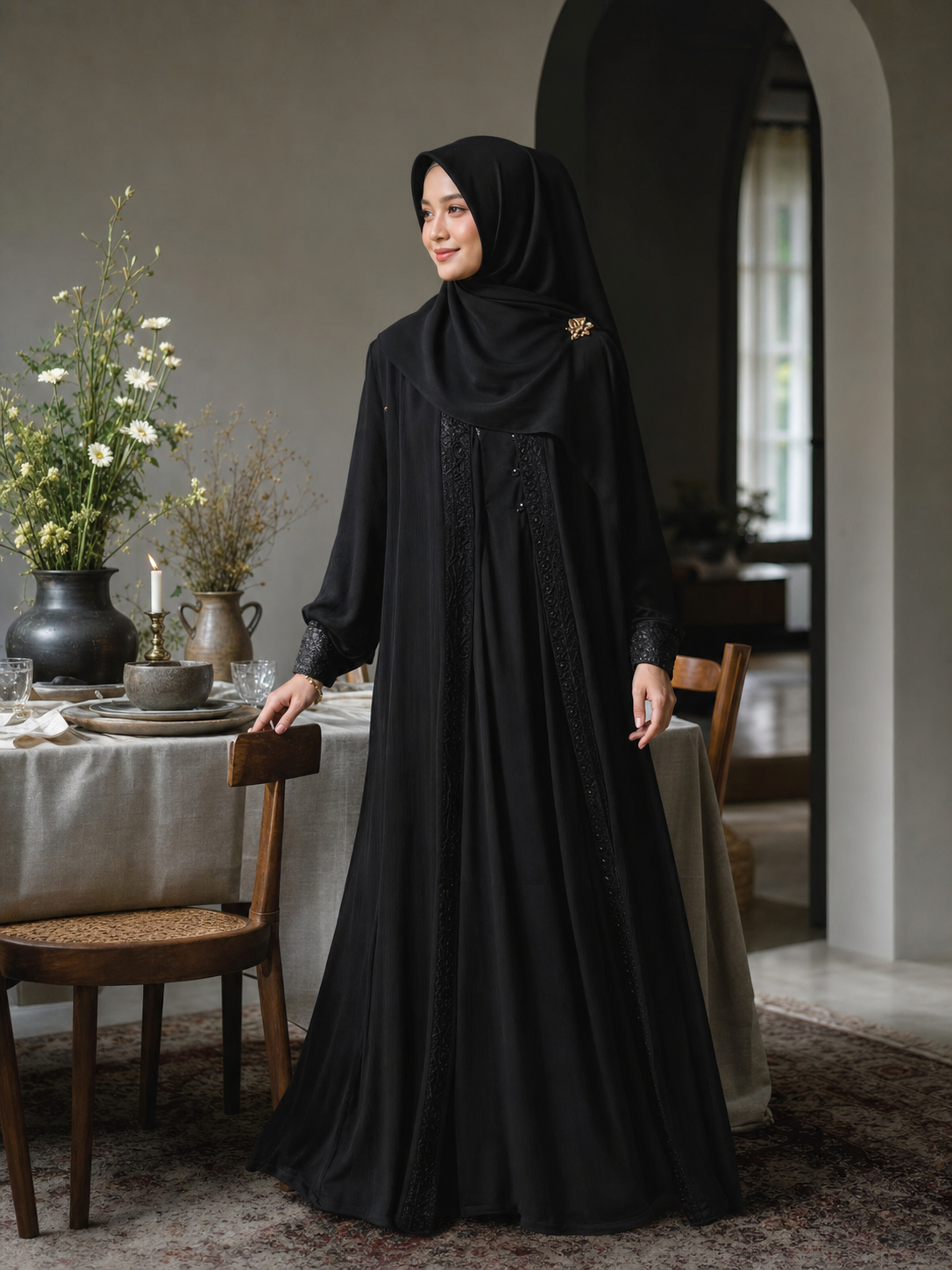 Perempuan berhijab mengenakan busana hitam Faradeba di acara keluarga