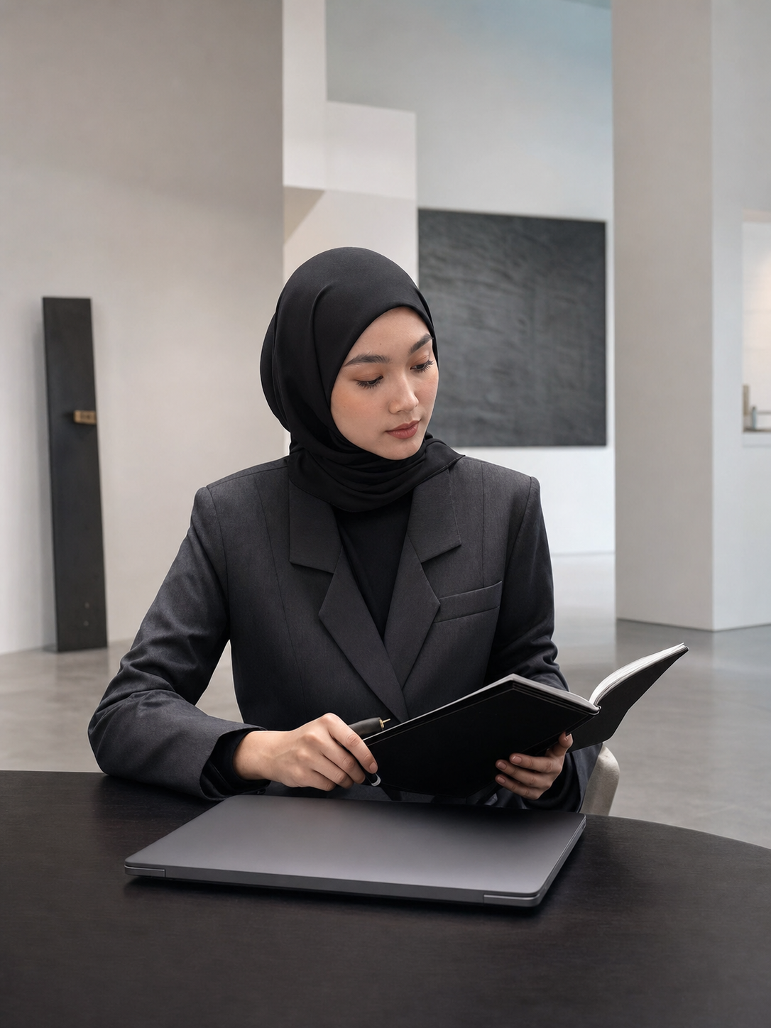 Perempuan berhijab mengenakan setelan grafit Faradeba saat bekerja