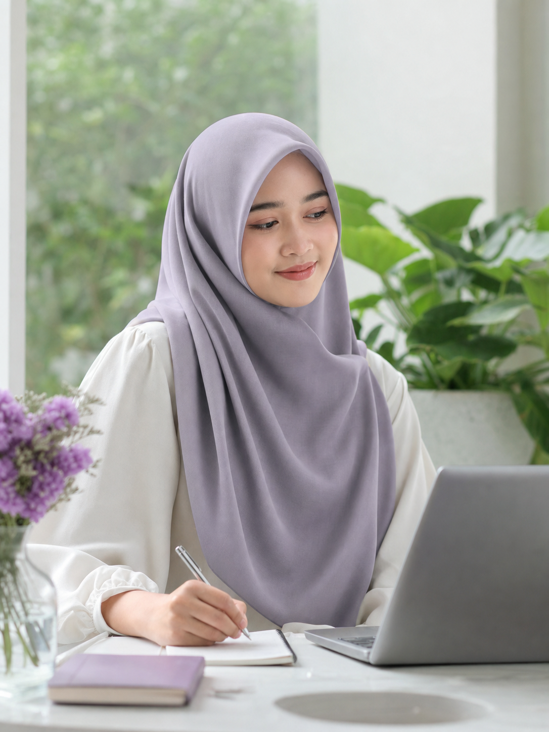 Perempuan berhijab warna lilac bekerja di meja terang