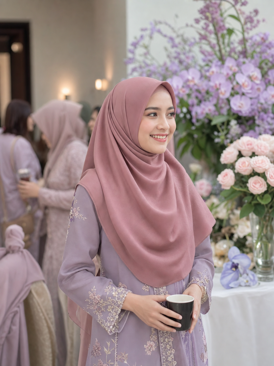 Perempuan berhijab warna mawar lembut di acara keluarga